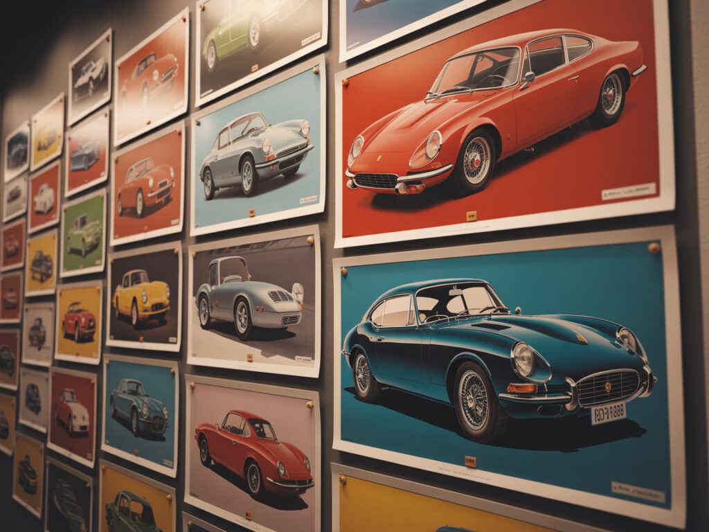 Eine Wand mit verschiedenen Postern von Retro Sportwagen